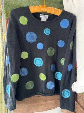 NorthStyle Black Knit Sweater with Blue & Lime Circle Appliqués